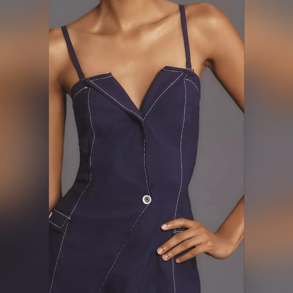 Anthropologie Maeve Strapless Linen Mini Dress Blue Pockets - Picture 10 of 10